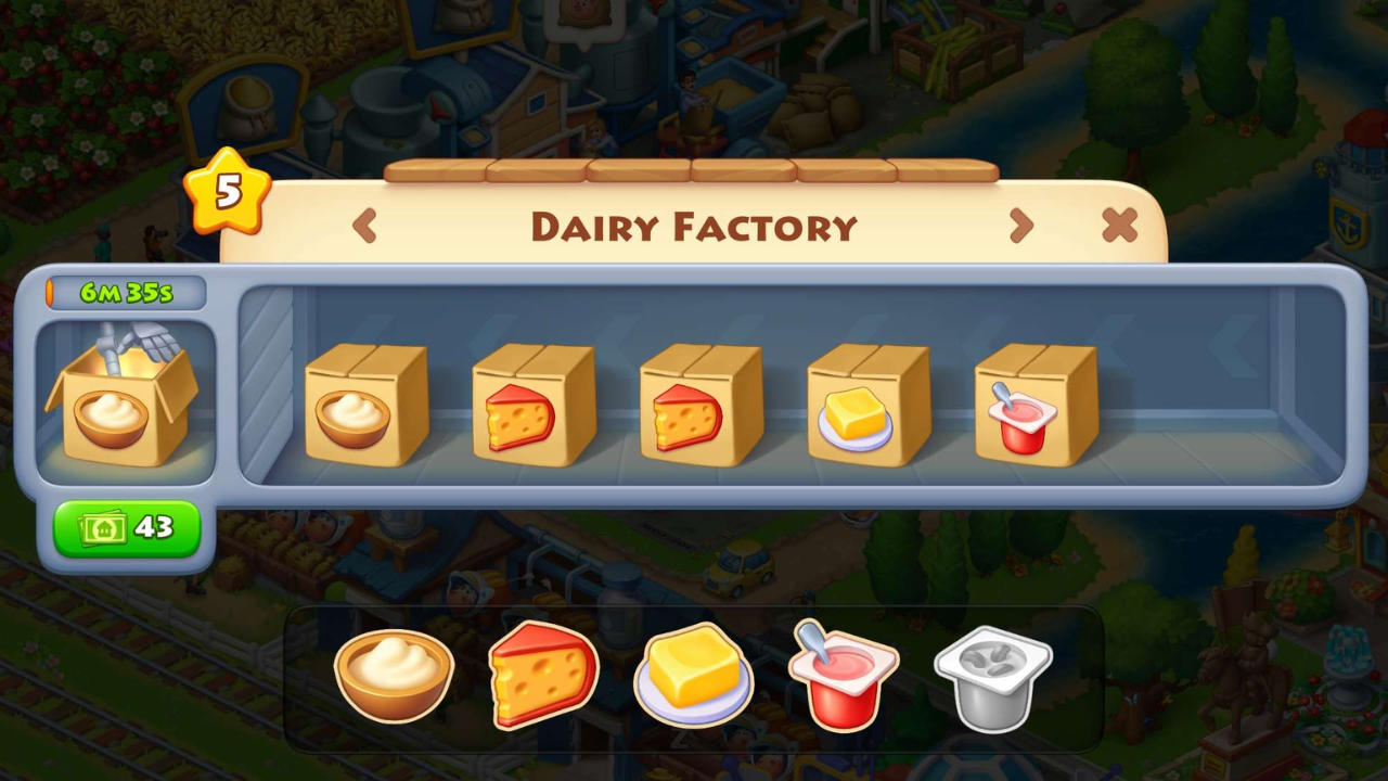 Township factory production screen showing Dairy at level 5