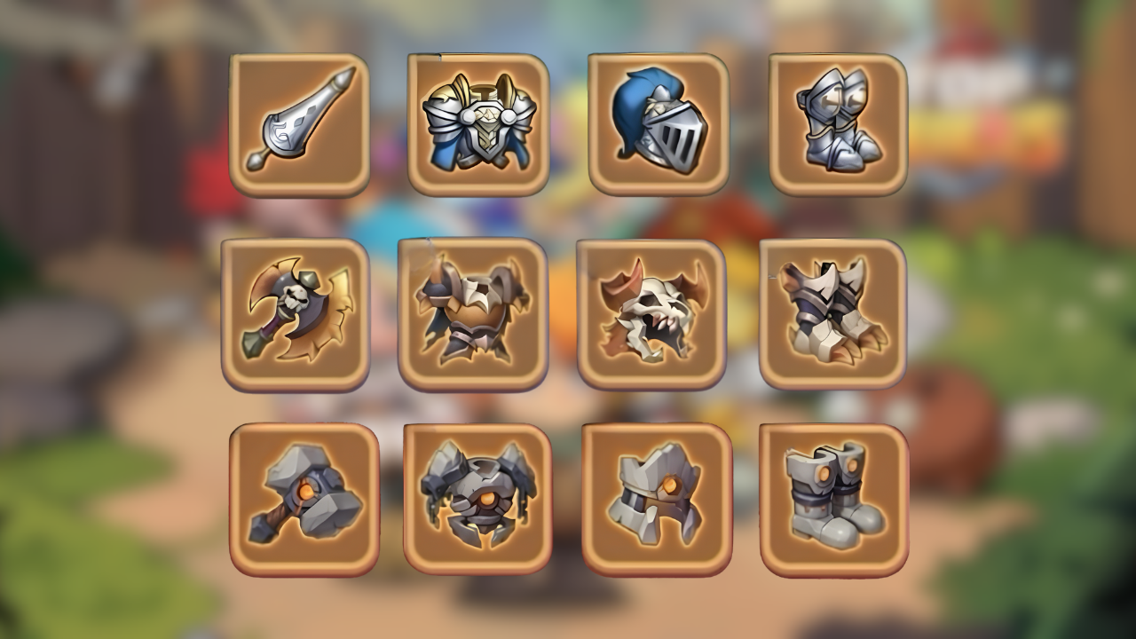 Top Heroes Gear set selection screen showing Fury of Blood, Glory of the Knight, and Titan's Might