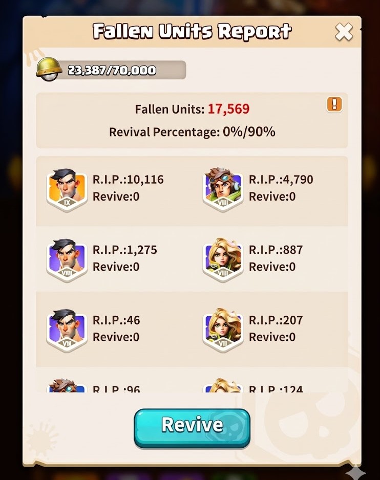 Unit Revival in Dark War Survival showing 90% troop recovery