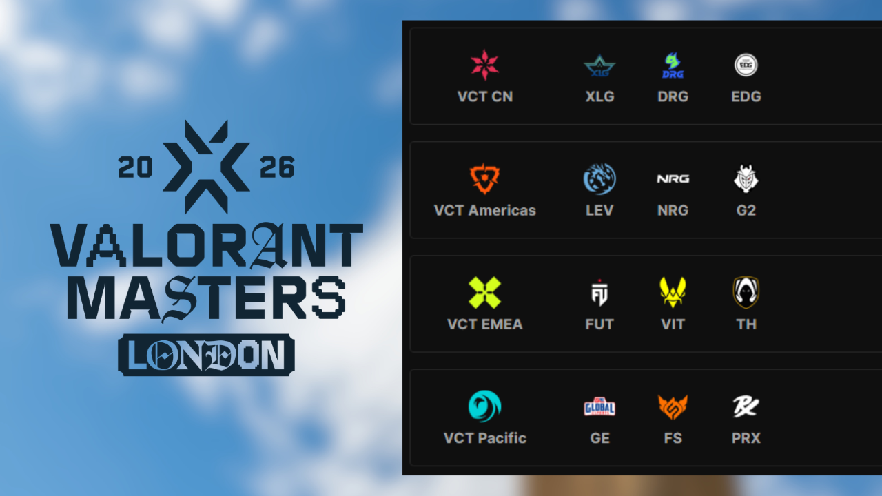 All 12 qualified Valorant Masters London 2026 teams graphic showing logos from all four regions