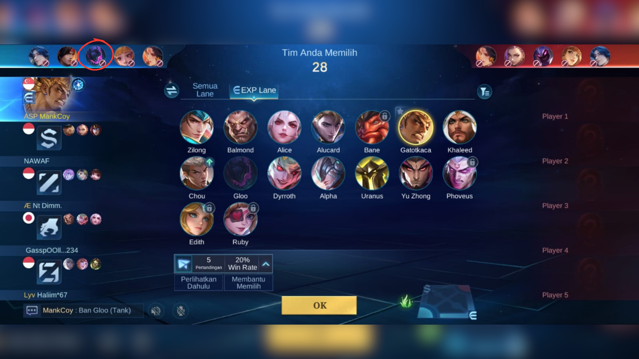 MLBB ranked draft screen showing the ban phase with Gloo