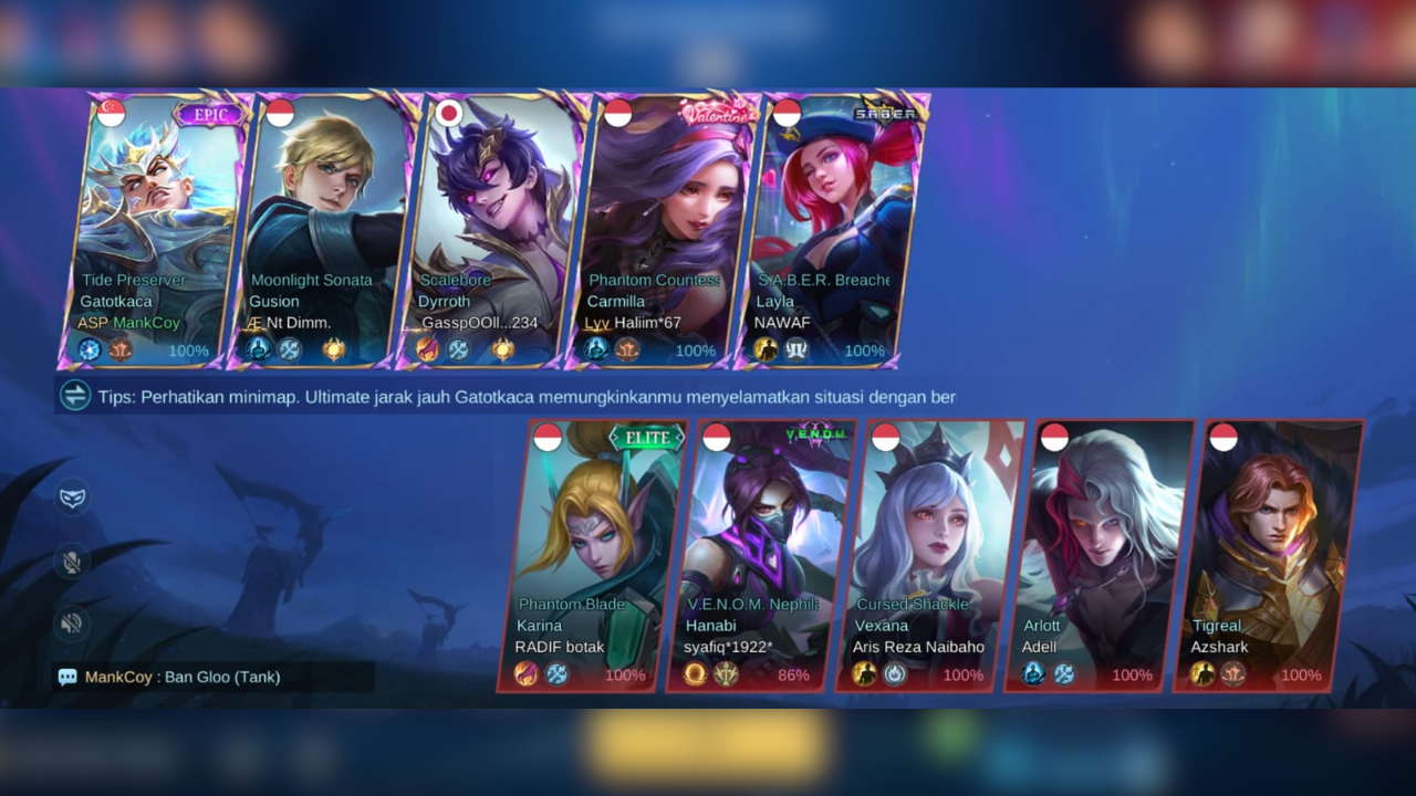 MLBB Team composition screen showing a balanced lineup