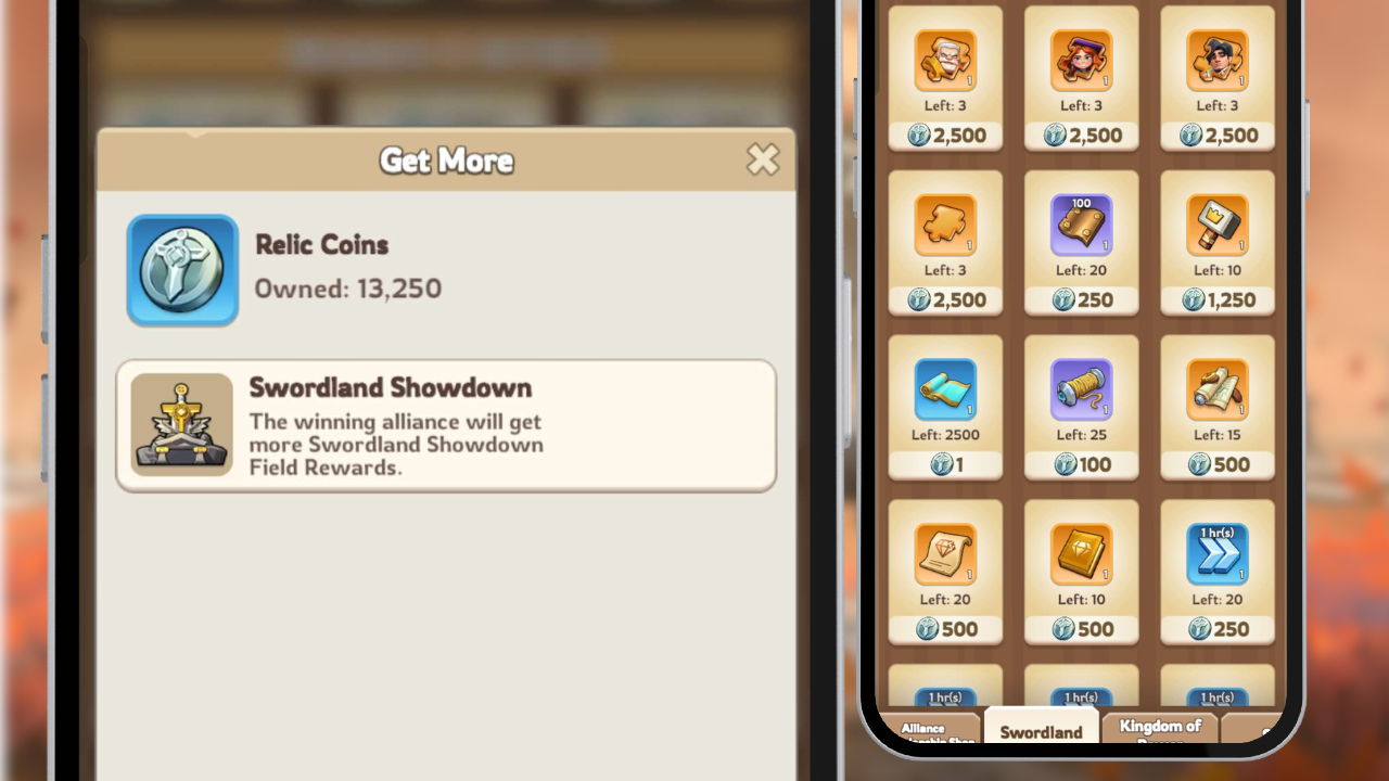 Kingshot Swordland Showdown Relic Coins and Sworldland Shop
