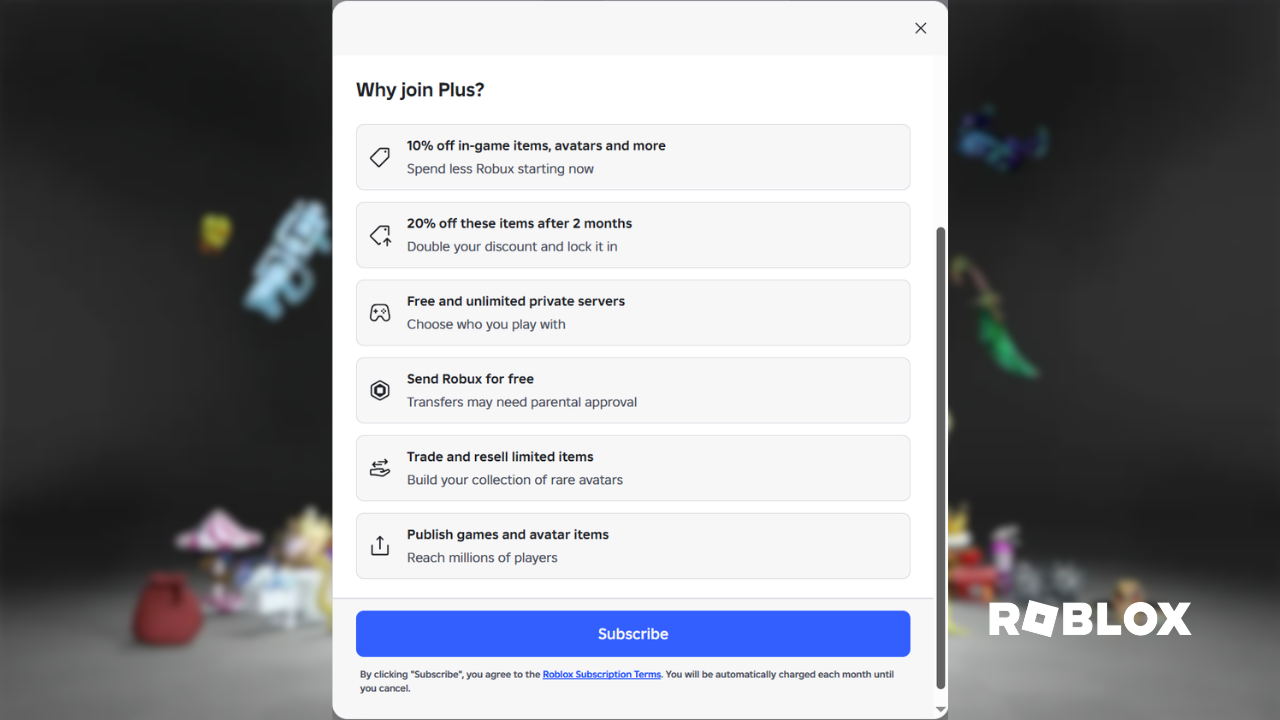 Roblox Plus subscription page showing benefits including 10% and 20% discounts free private servers and trading access