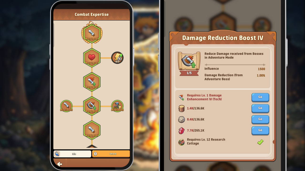 Top Heroes Research cottage  Combat Expertise tree showing Max Level
