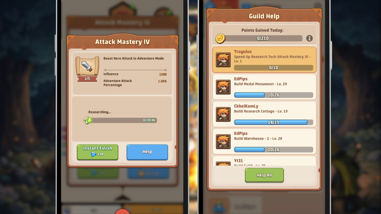 Guild Help notification showing time reduction from guildmate clicks