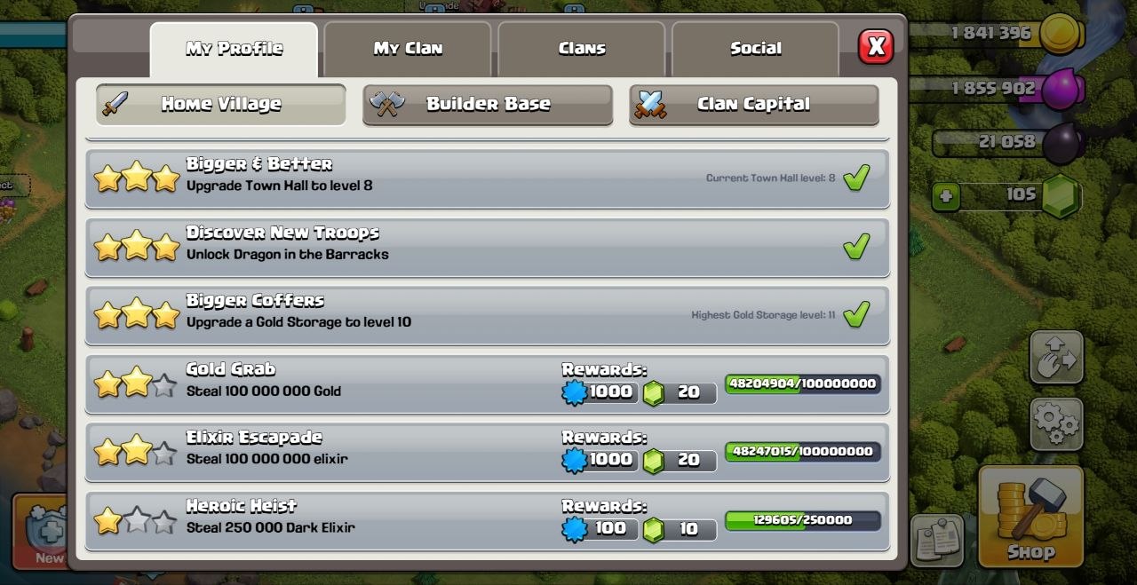 Clash of Clans Achievement Gem rewards