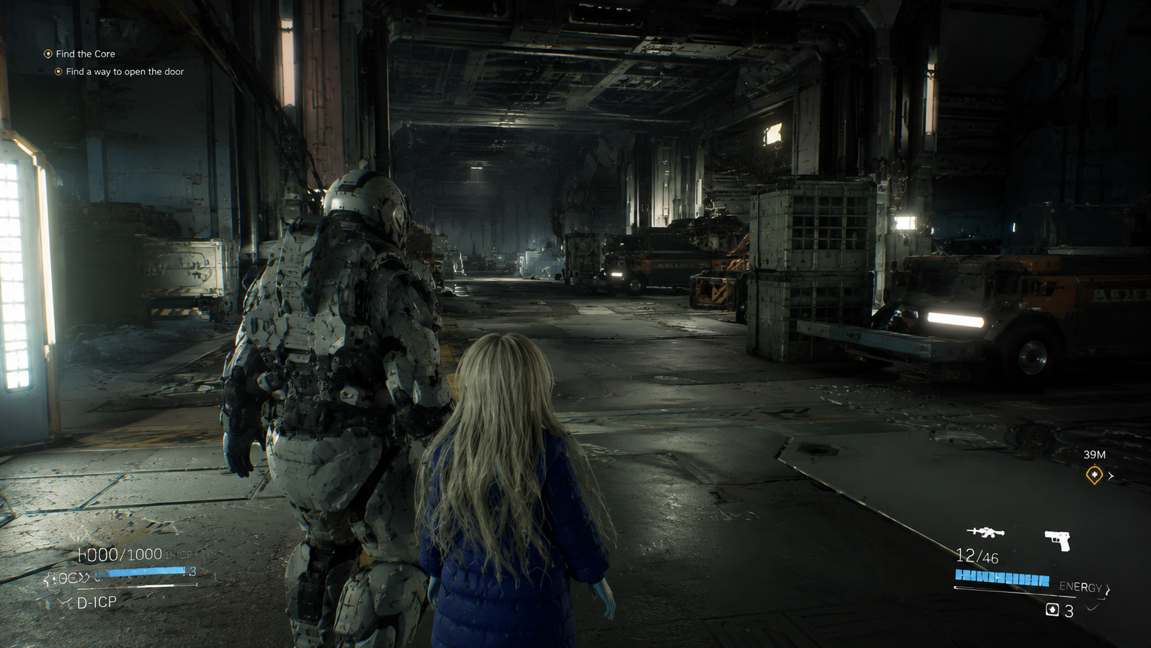 Pragmata gameplay screenshot featuring exploration on a lunar facility