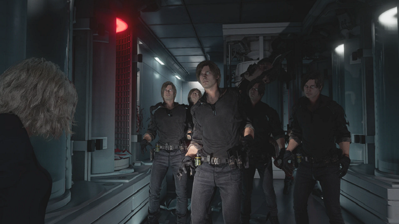 Grace looking at a group of zombified Leons