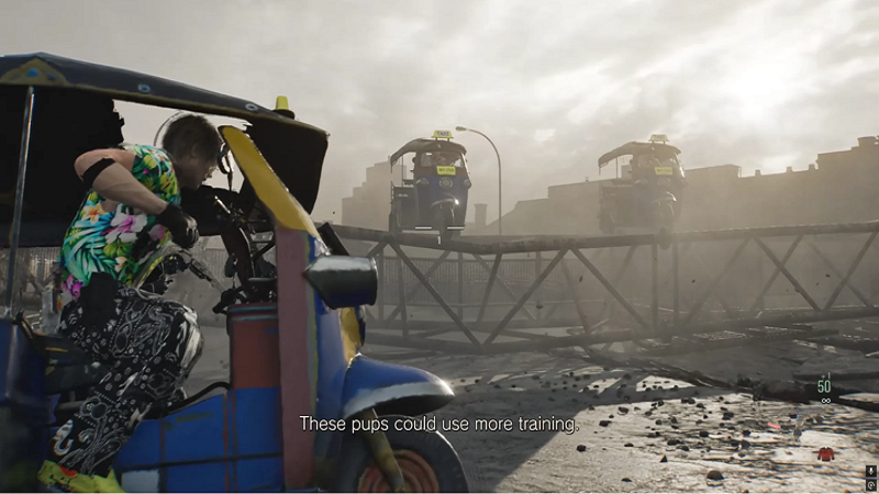 2 Tuk-tuks aggressively looking down at Leon, also driving a tuk-tuk