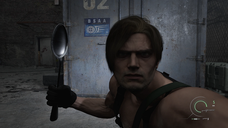 Leon aggressively looking at the camera while holding a comically large spoon