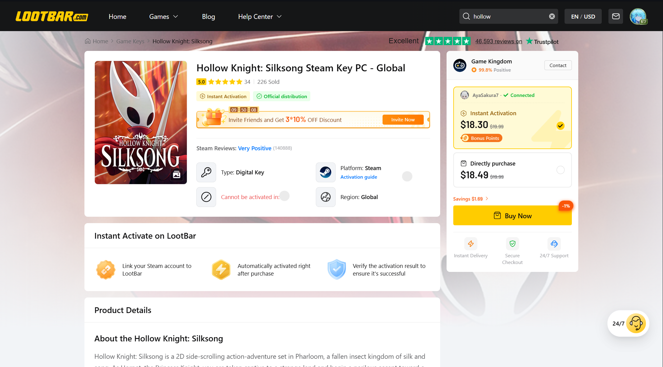 Hollow Knights Silksong LootBar Price