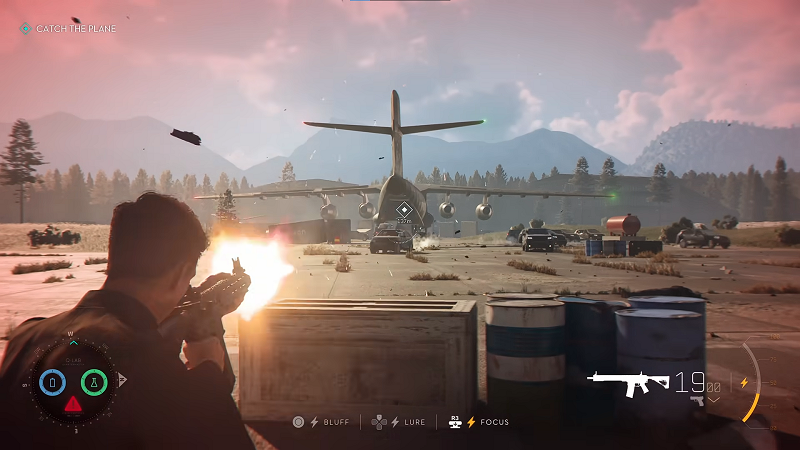 James Bond shooting at a cargo plane on an airstrip