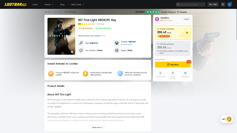 The 007 First Light key purchase page on LootBar