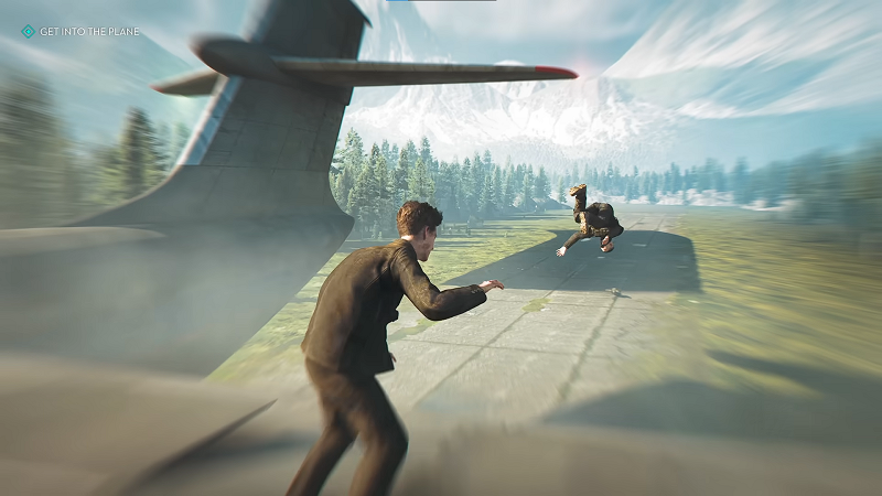 James Bond on top of a cargo plane