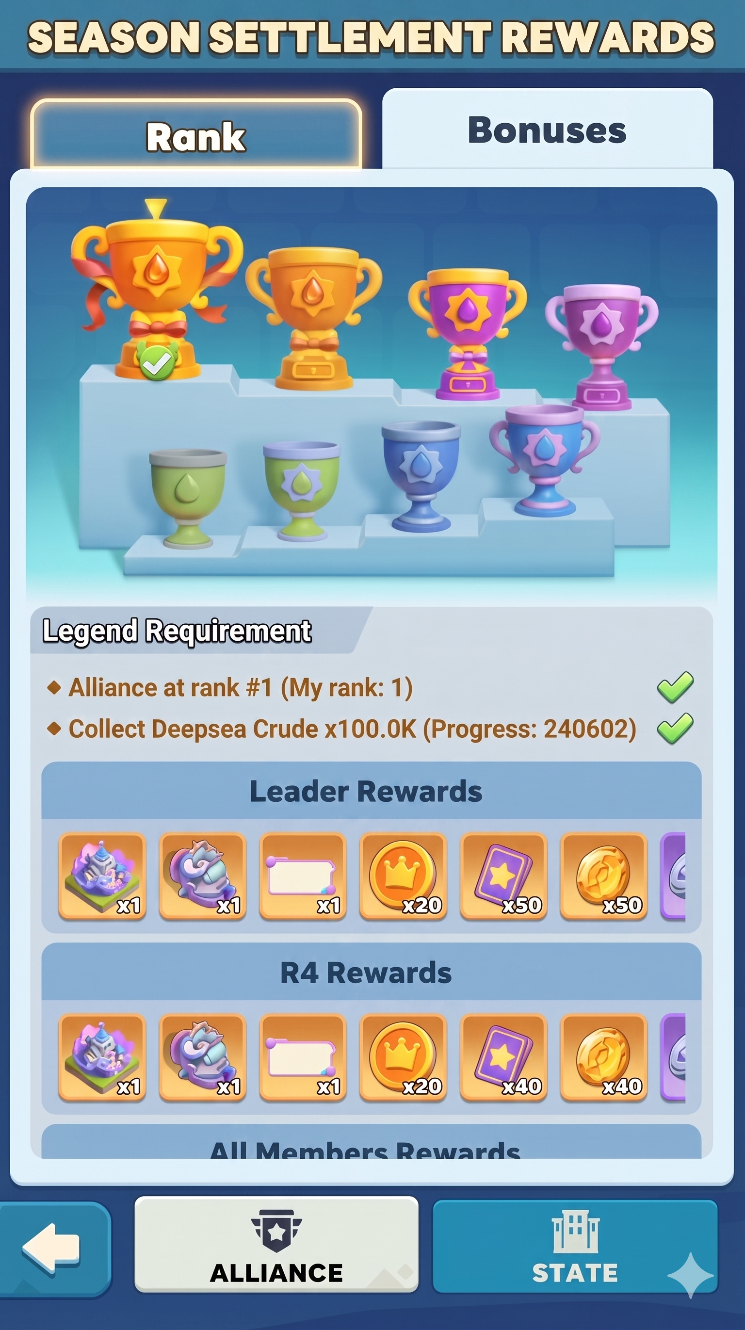 Season Settlement Rewards: Rank #1 alliance requirements and tiered rewards breakdown including Leader, R4, and All Members tiers