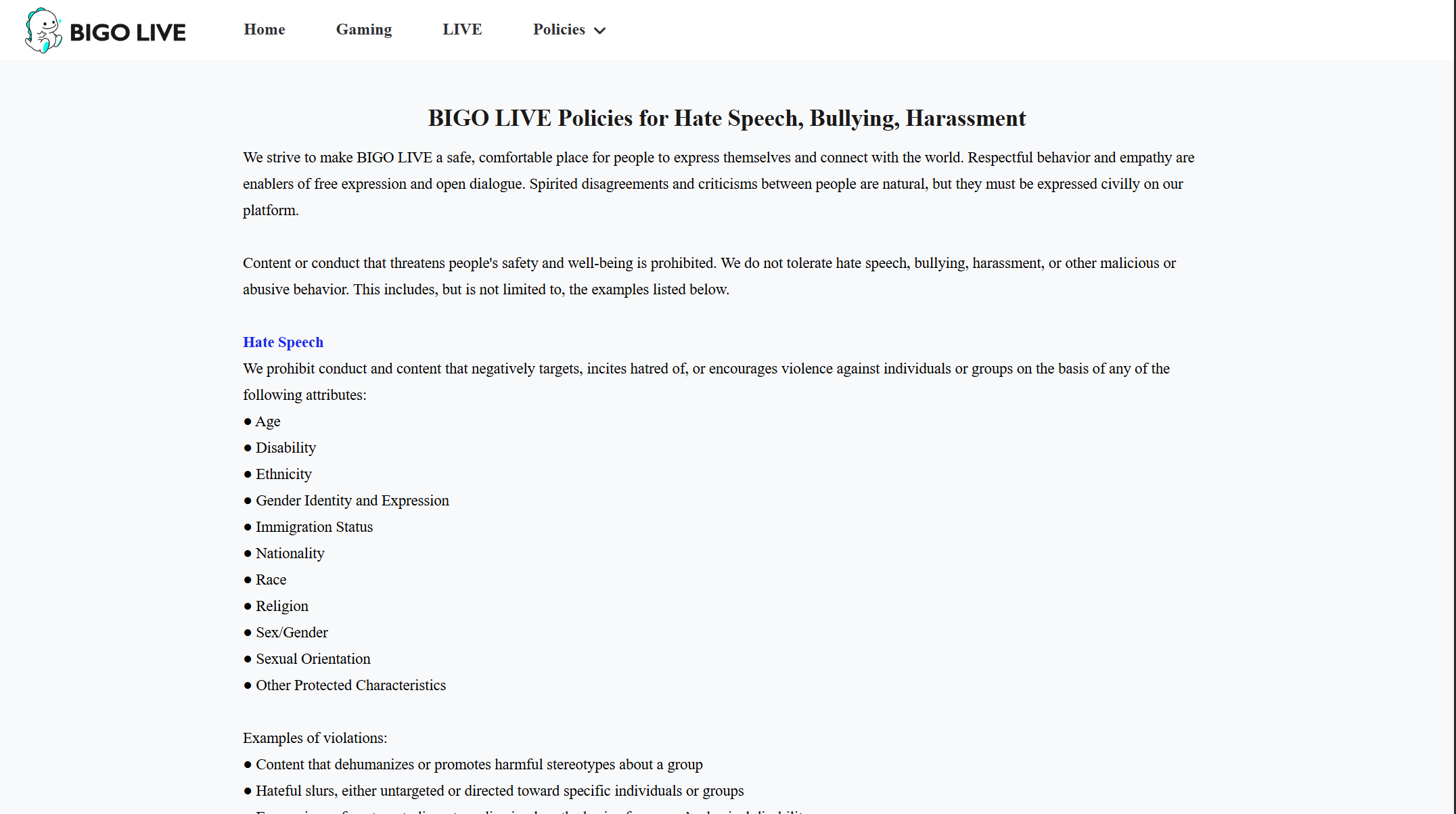 BIGO LIVE Anti Hate Speech, Bullying and Harassment Policies