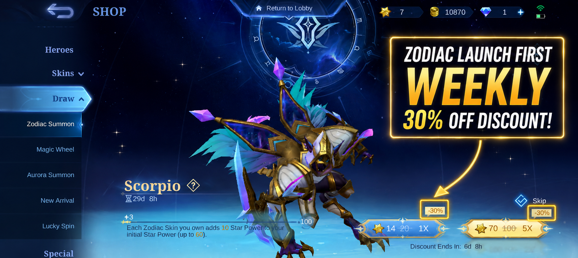 Mlbb Zodiac Skin First Weekly 30% off Discounts