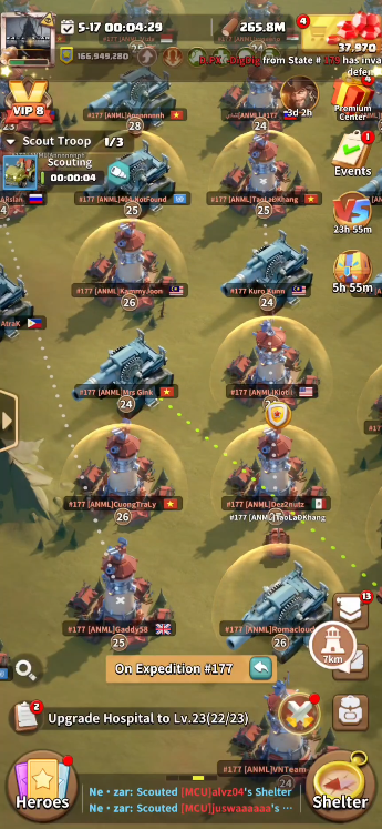 Dark War: Survival world map showing alliance members scouting and expedition troops across territory