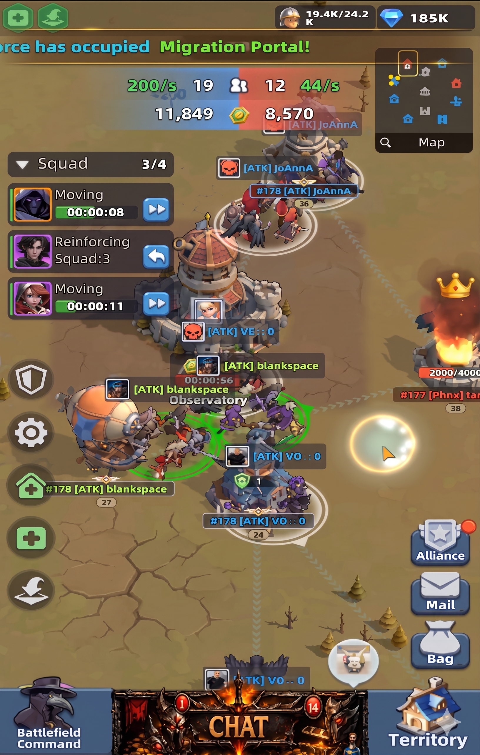 Last Asylum: Plague alliance territory battle showing squads moving and reinforcing during Migration Portal occupation