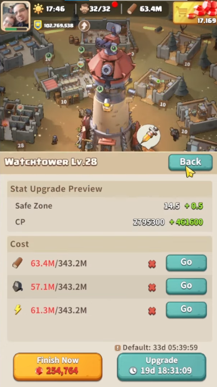 Dark War: Survival Watchtower Level 28 upgrade screen showing stat preview, resource costs, and 19-day upgrade timer