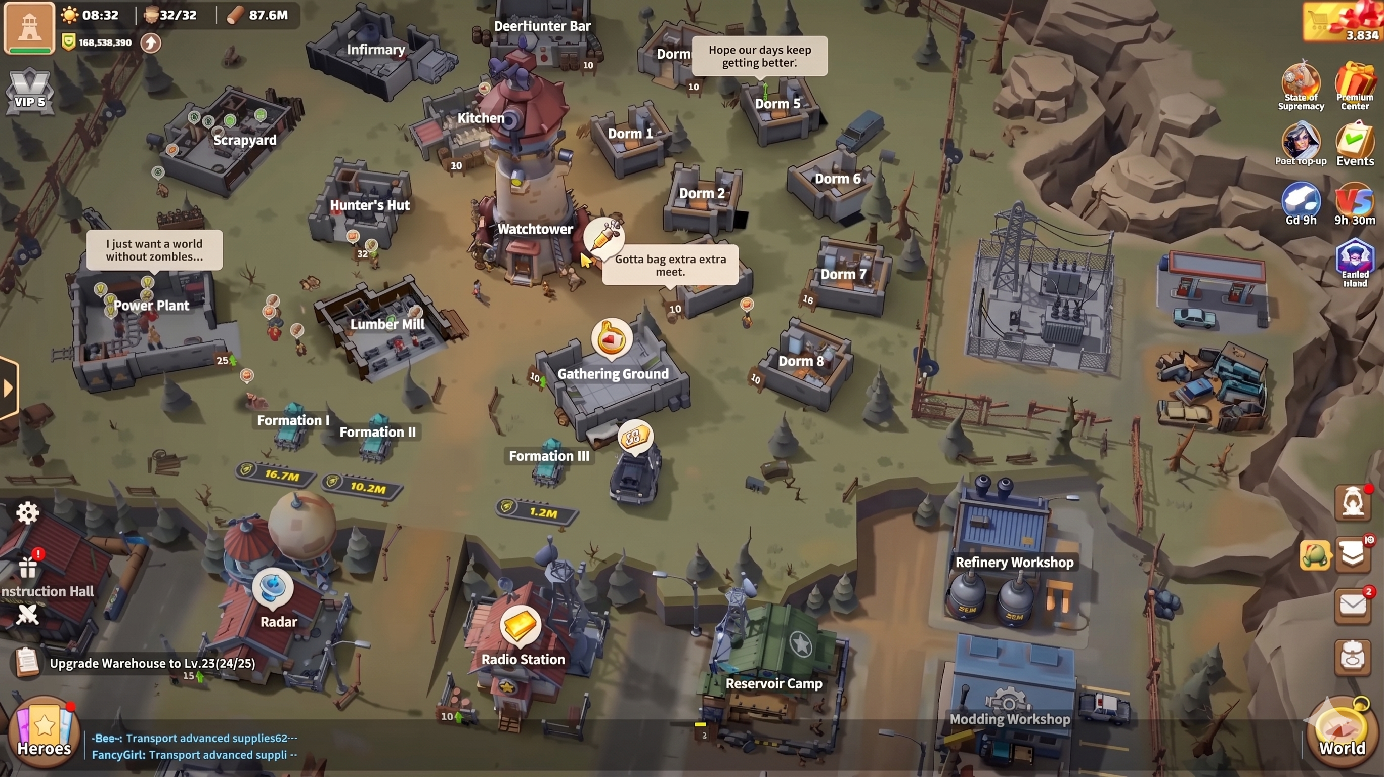 Dark War: Survival shelter base view showing multiple buildings under construction and upgrade timers