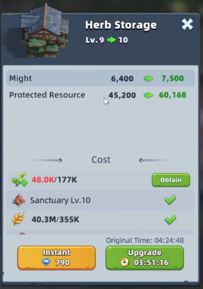 Last Asylum: Plague Herb Storage upgrade screen showing Might increase, resource costs, and Sanctuary level requirement