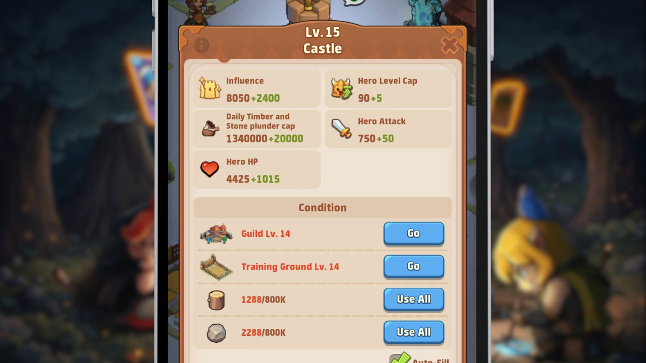 Castle upgrade screen showing the building priority