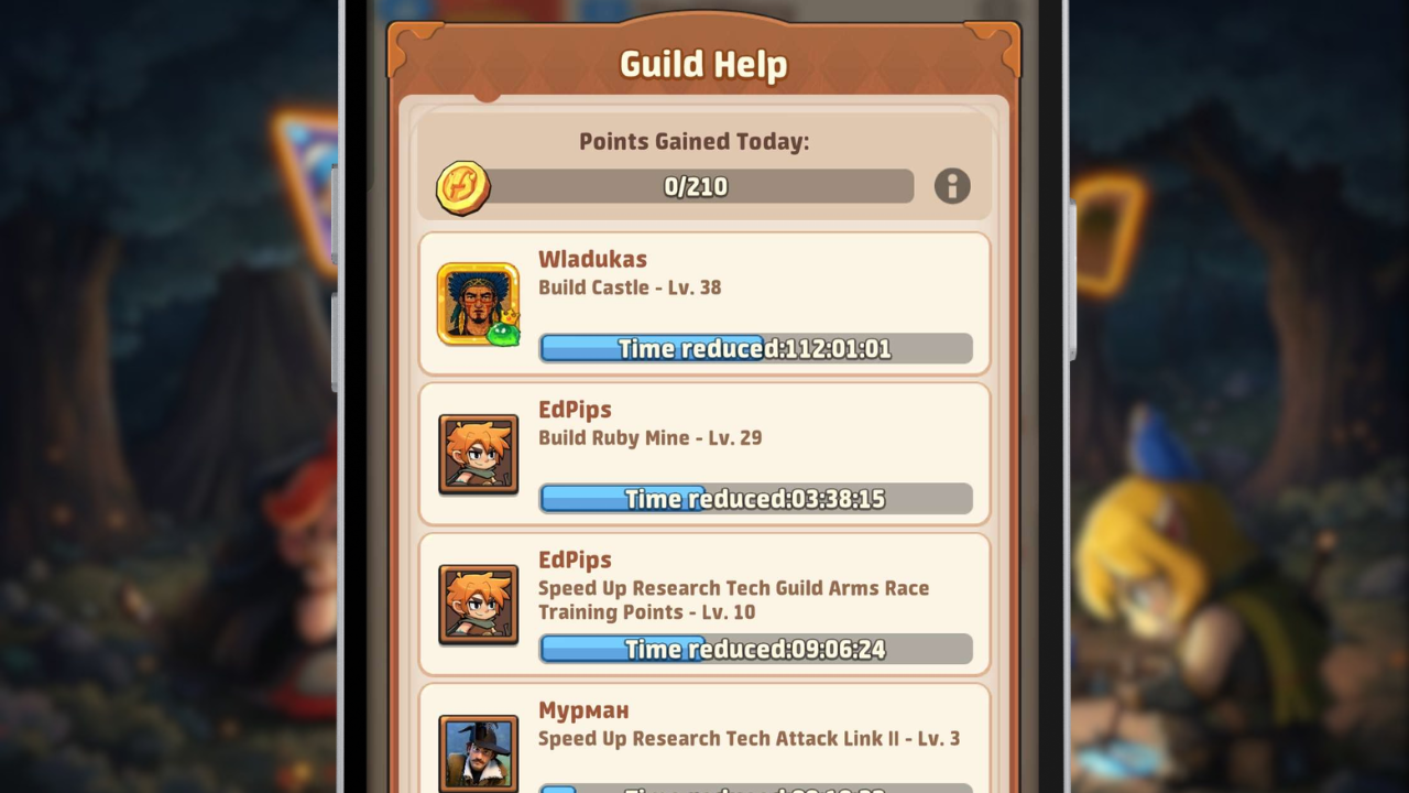Guild Help button showing timer reduction from guildmate clicks