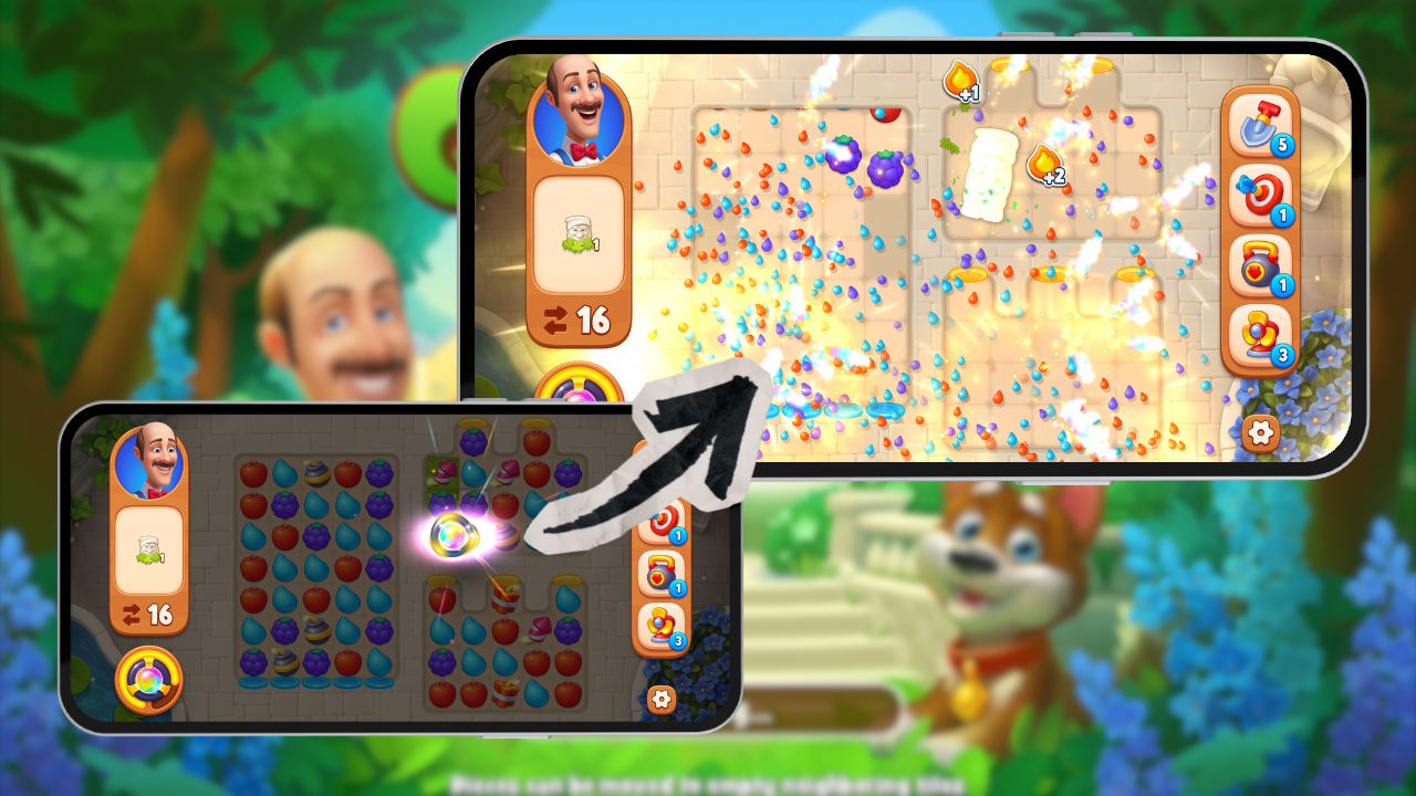 Power-up combination screen showing Rainbow Blast combo