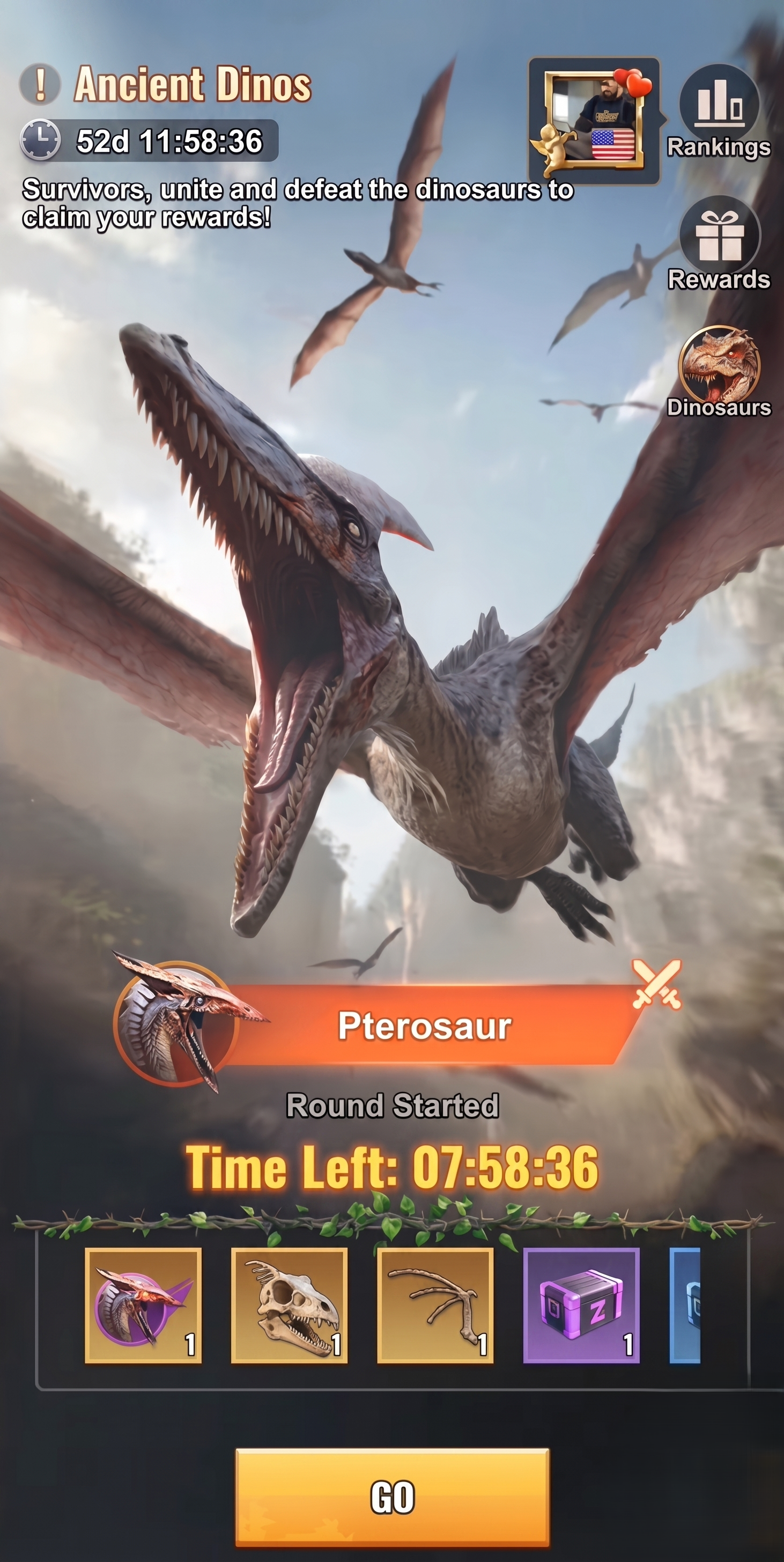 Ancient Dino event banner showing Pterosaur boss and countdown timer in Last Z Survival Shooter