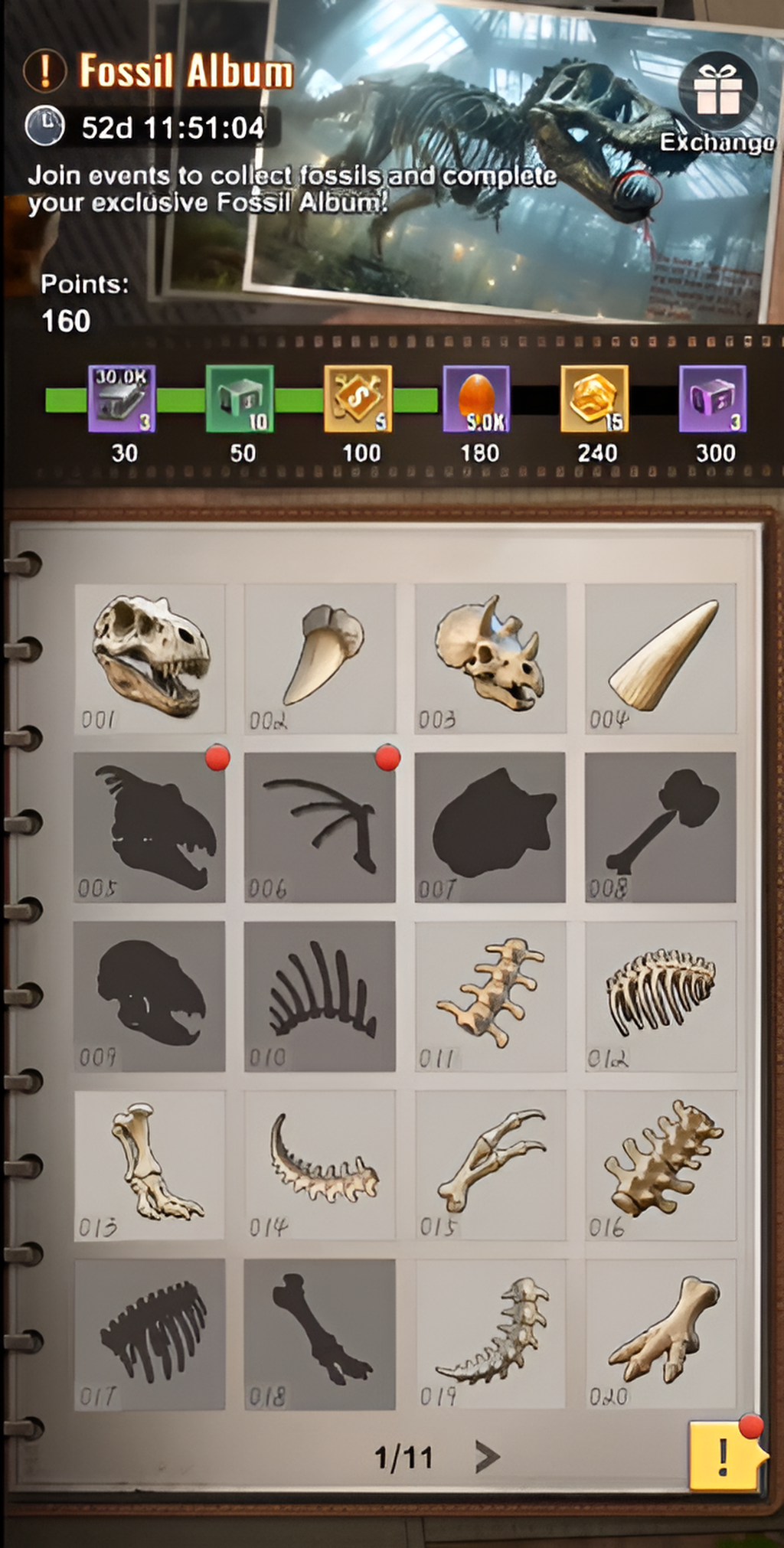 Fossil Album collection grid showing 20 fossil slots in Last Z Survival Shooter