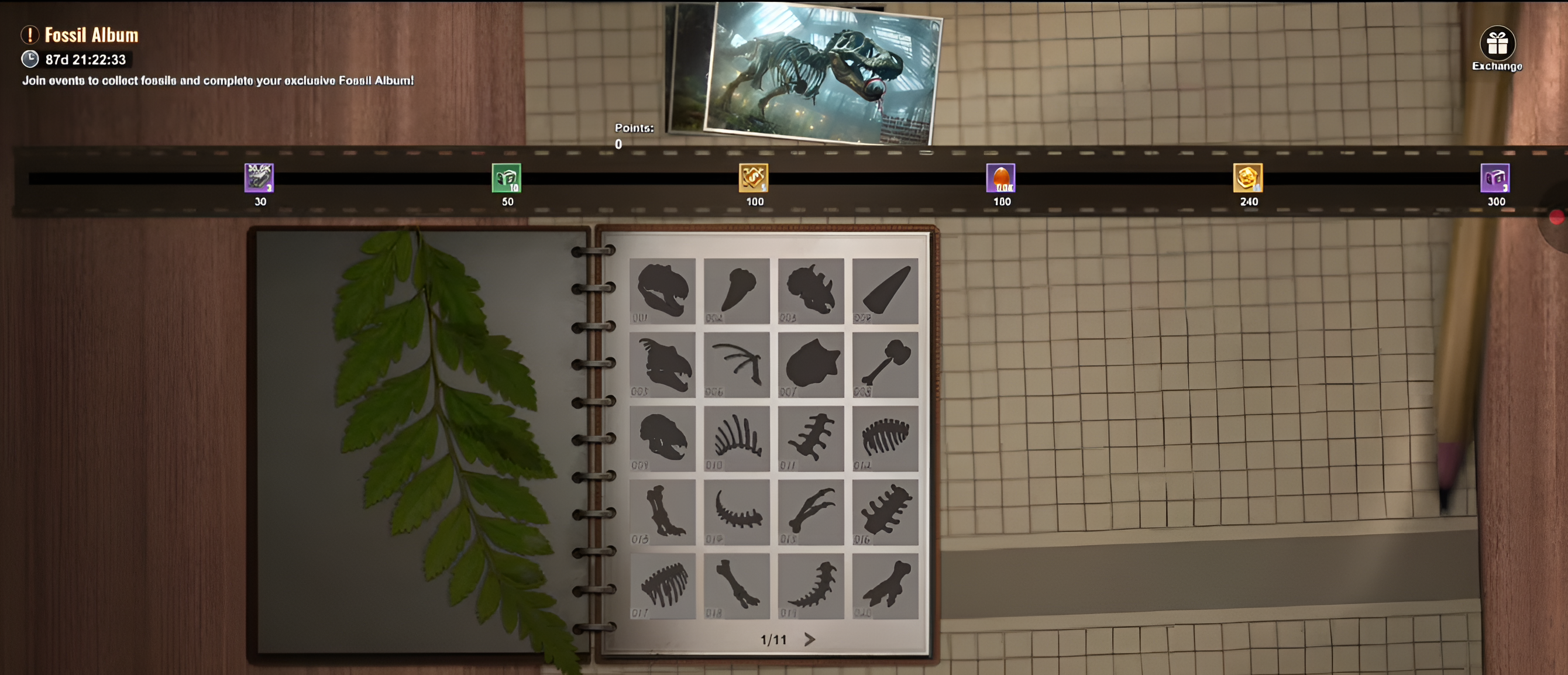 Fossil Album overview showing the 20-slot grid and milestone points bar in Last Z Survival Shooter