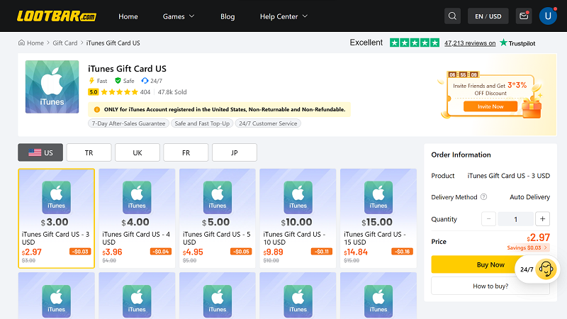 iTunes Gift card page on LootBar