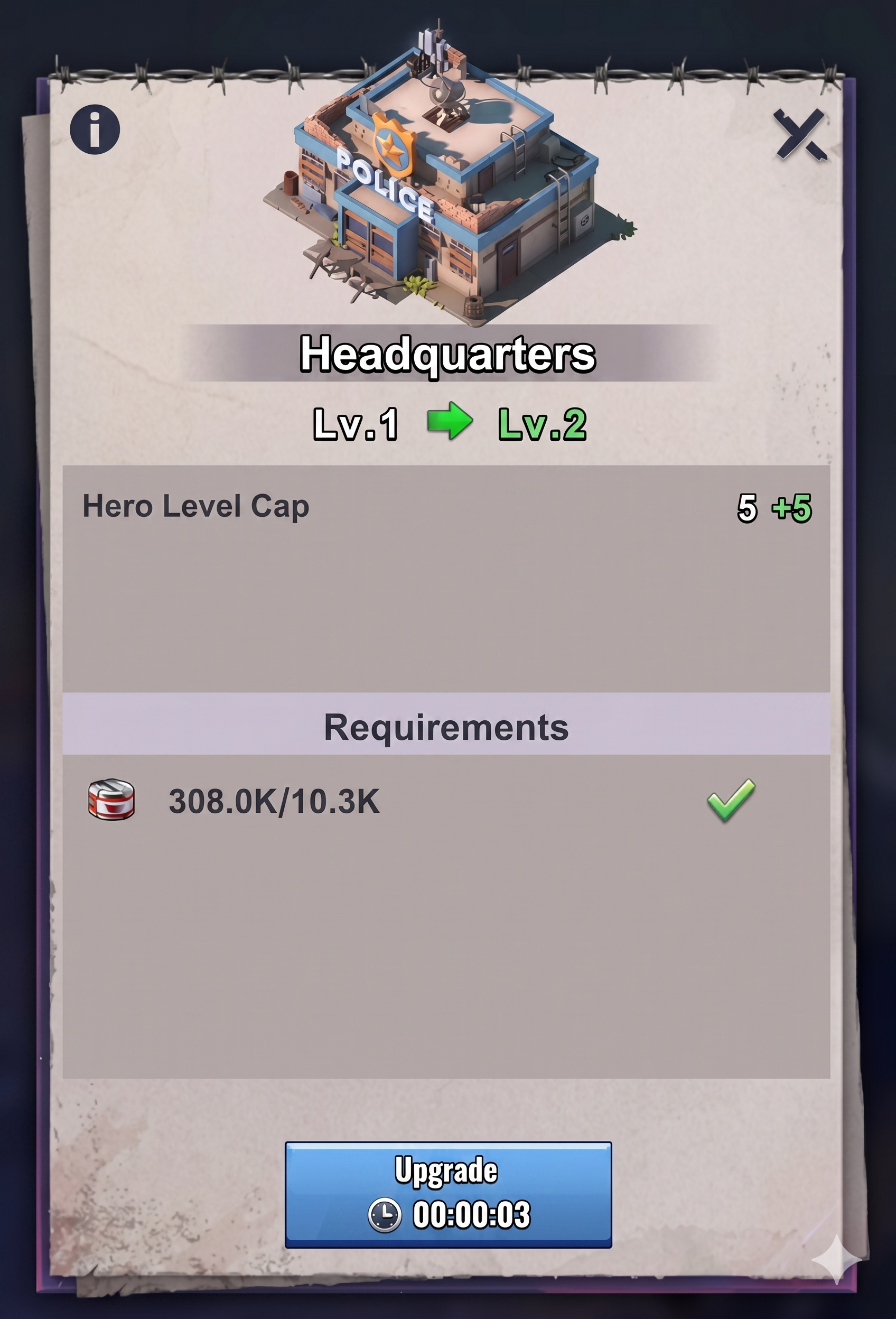 Last Z Survival Shooter Headquarters upgrade screen from level 1 to level 2, showing hero level cap increase and resource requirements