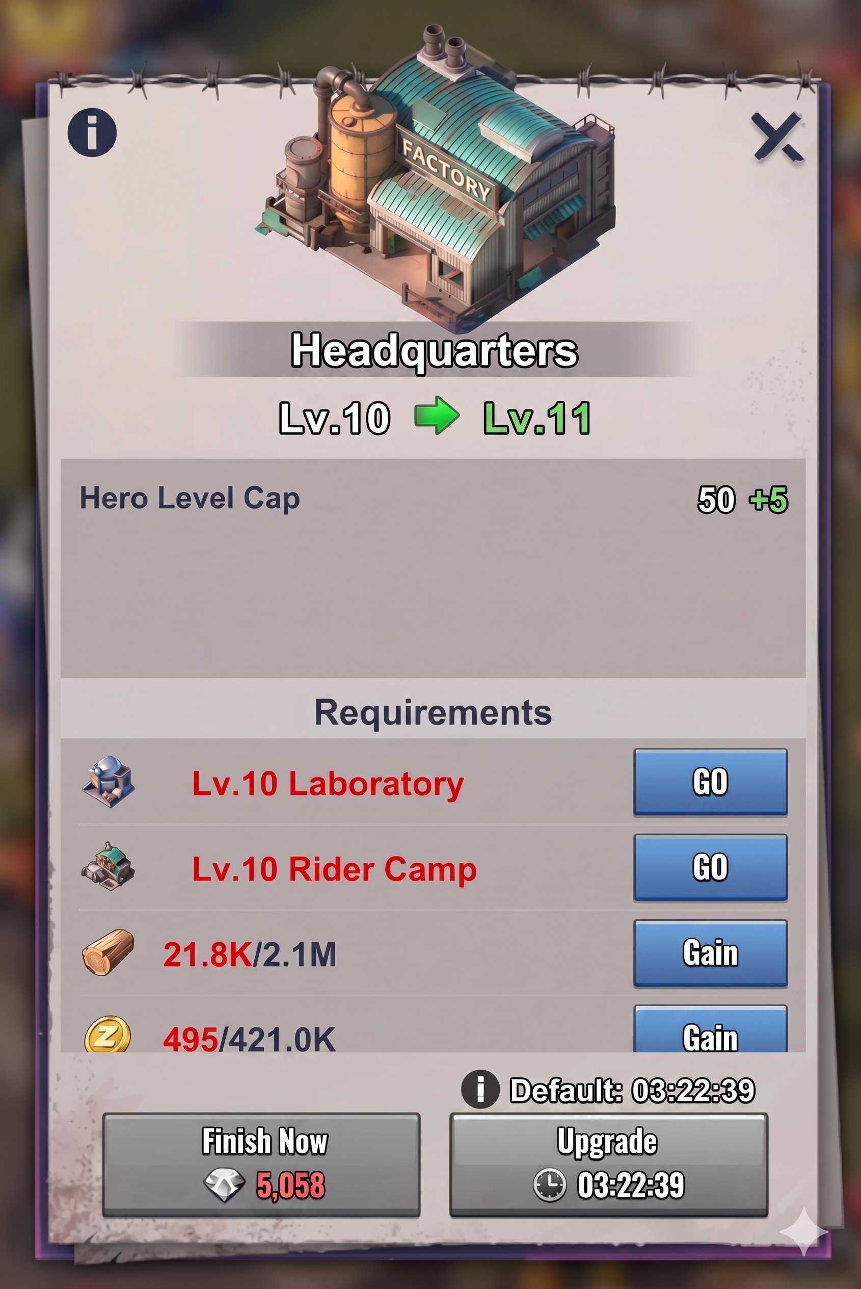 Last Z Survival Shooter Headquarters upgrade screen from level 10 to level 11, requiring Laboratory level 10 and Rider Camp level 10, with hero level cap increasing to 50