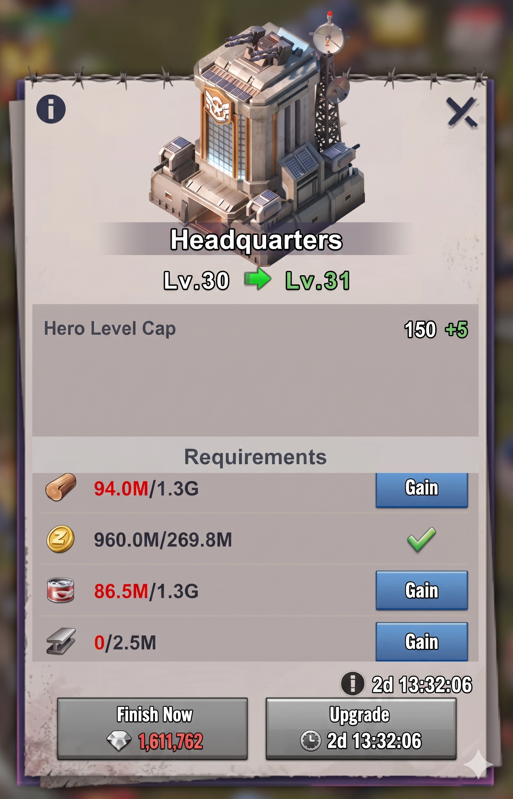 Last Z Survival Shooter Headquarters upgrade screen from level 30 to level 31, showing hero level cap increasing to 130 and a 30-day upgrade timer