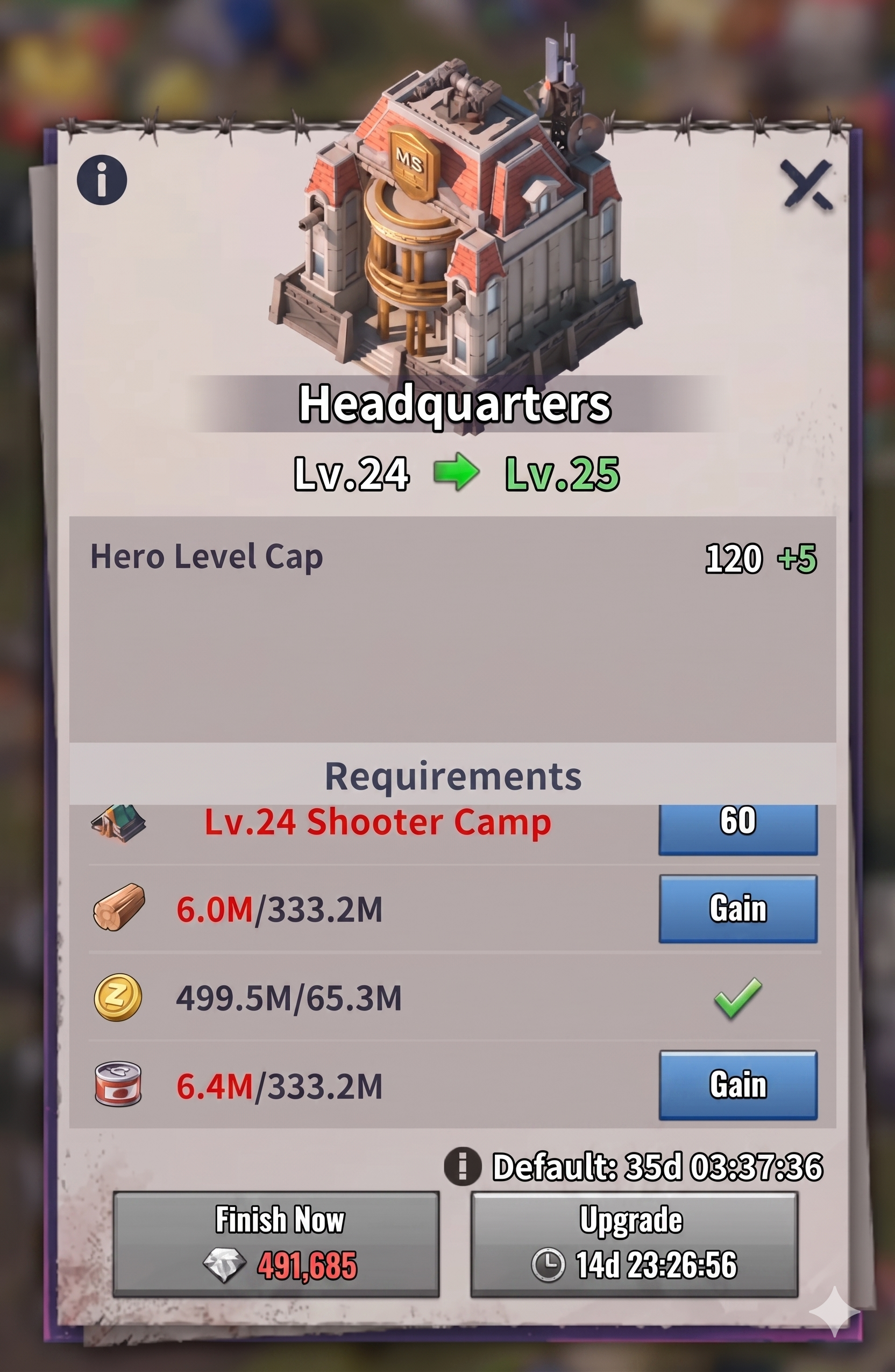 Last Z Survival Shooter Headquarters upgrade screen from level 24 to level 25, requiring Shooter Camp level 24, with hero level cap increasing to 120 and a 35-day upgrade timer