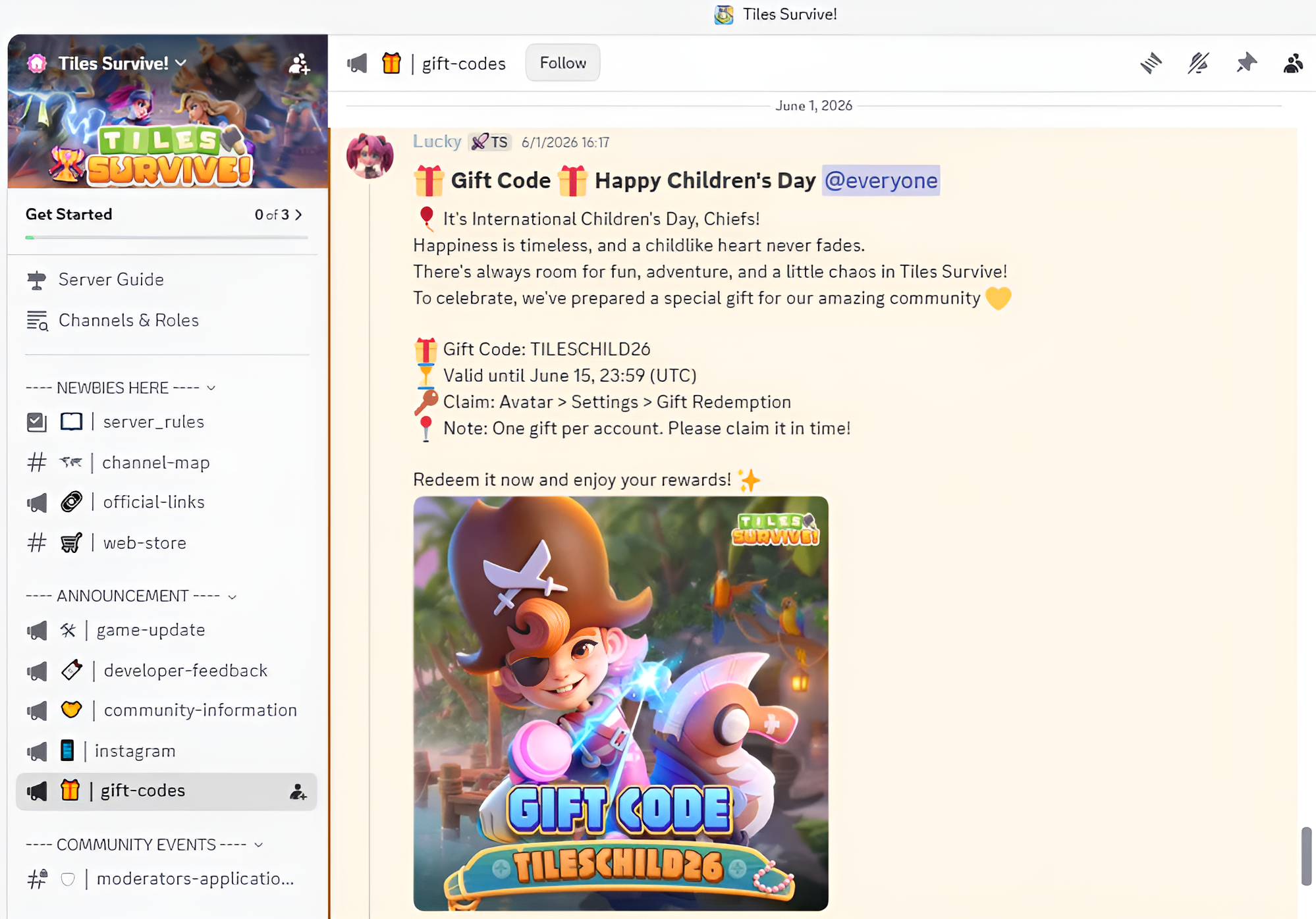 Tiles Survive official Discord gift-codes channel showing TILESCHILD26 code for Children's Day event valid until June 15 2026