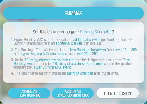 MapleStory Burning Character assignment popup showing Tera Burning vs Hyper Burning MAX rules and character slot limits
