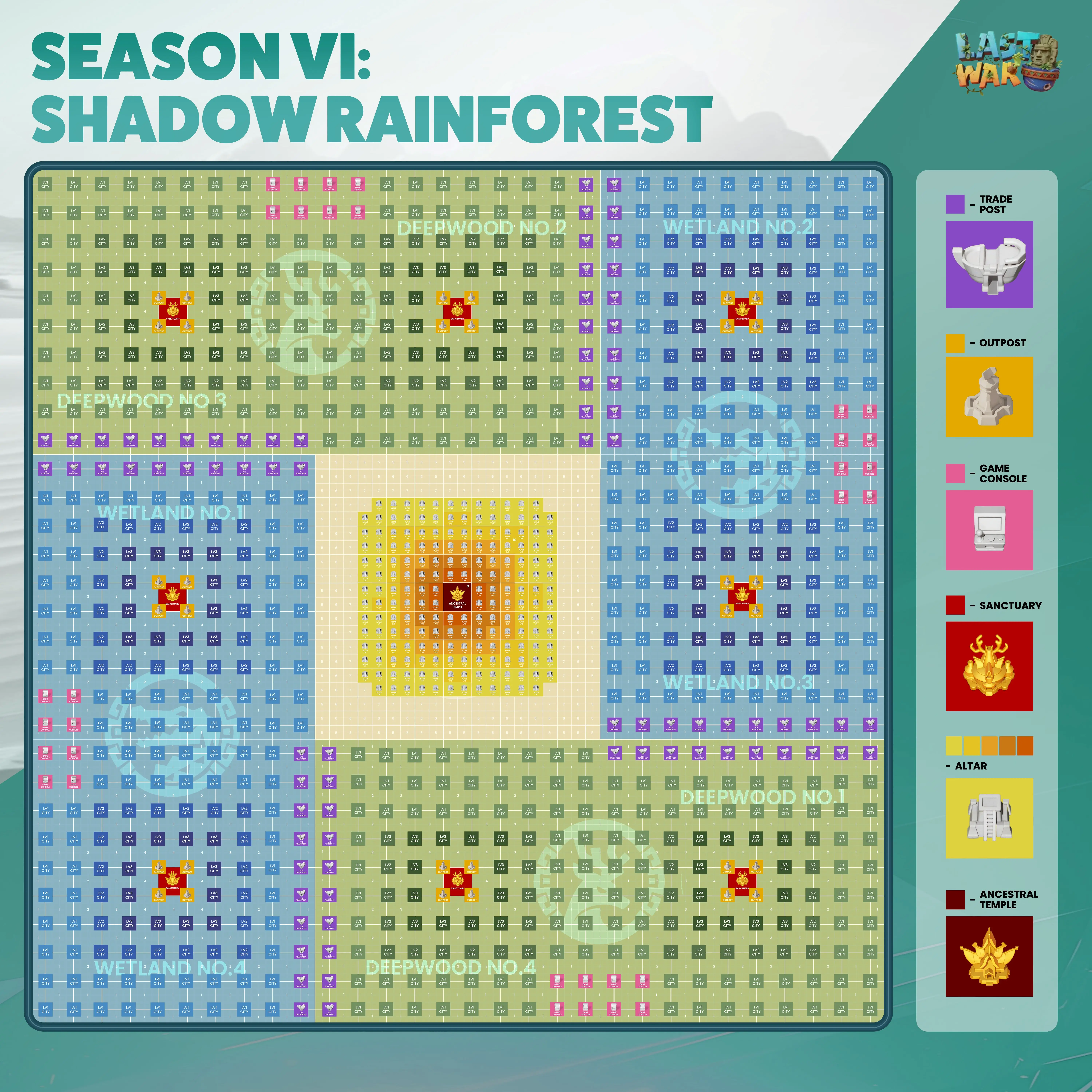 Last War Season 6 Shadow Rainforest full map showing 8 warzones split between Deepwood and Wetland factions, with a central Great River area containing Altars and the Ancestral Temple