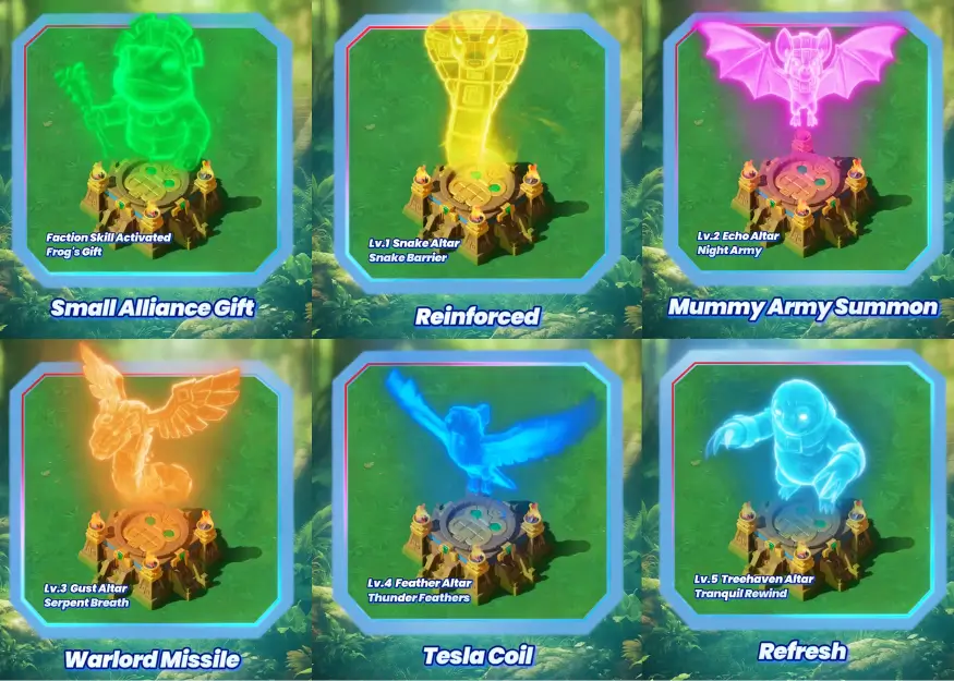 All six Altar tiers in Last War Season 6, showing the spirit creature unlocked at each level: Frog's Gift, Snake Barrier, Mummy Army Summon, Warlord Missile, Tesla Coil, and Refresh