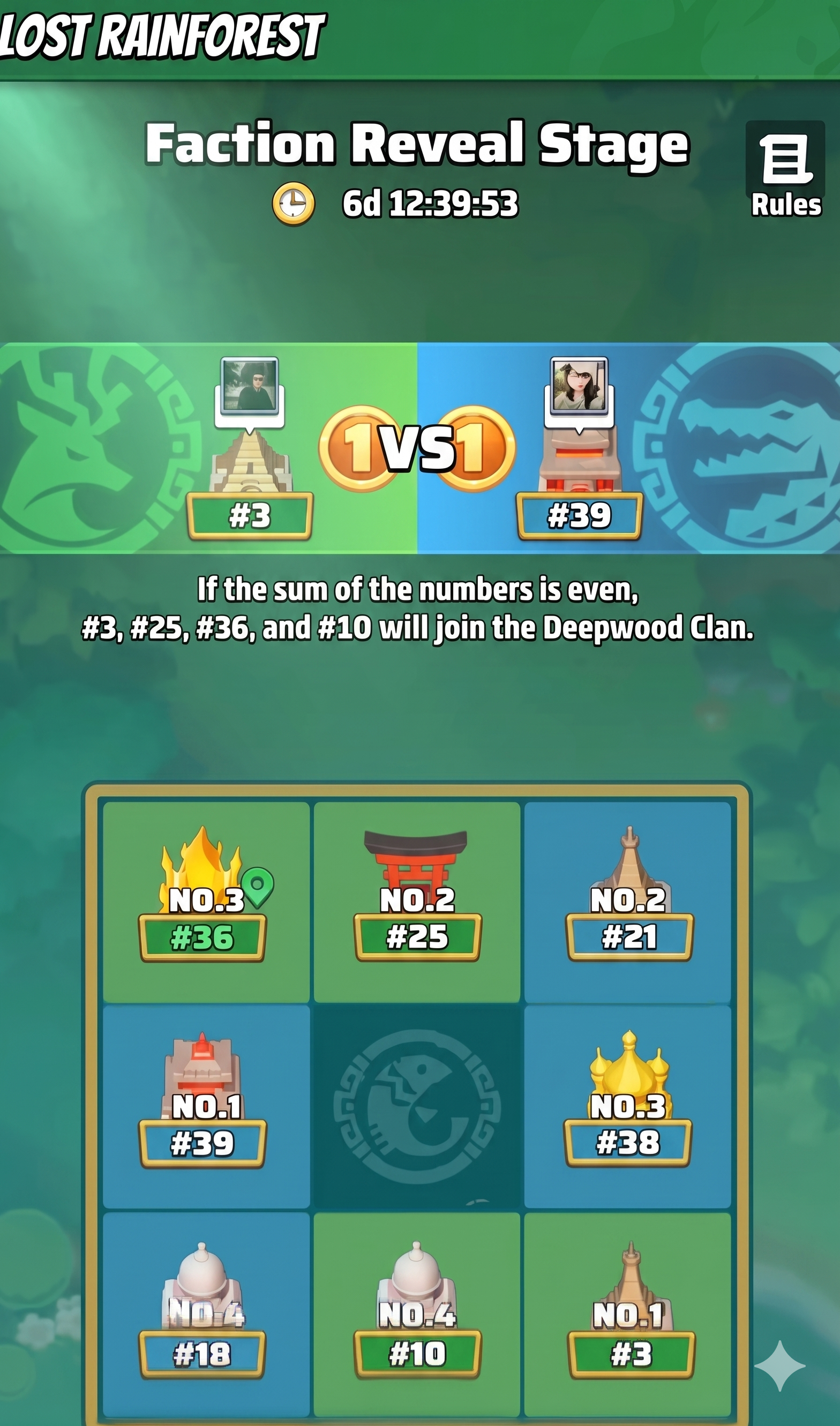 The Faction Reveal Stage screen, where the two faction leaders pick a number and the combined total decides which servers join Deepwood and which join Wetland