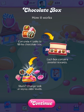Candy Crush Saga Chocolate Box how it works for earning rewards and Gold Bars