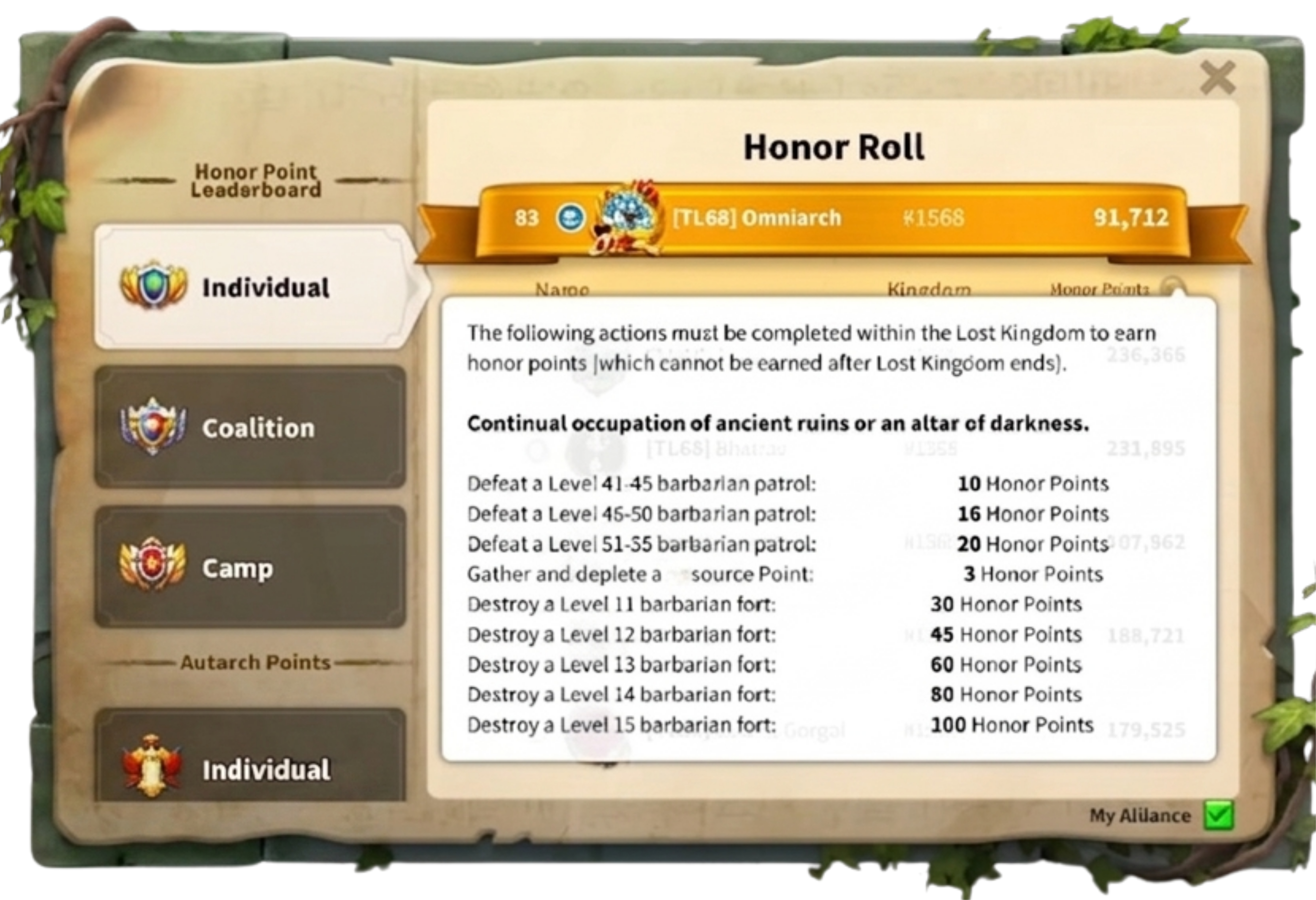Honor Roll leaderboard in Rise of Kingdoms showing Honor Points earned from defeating barbarian patrols of different levels