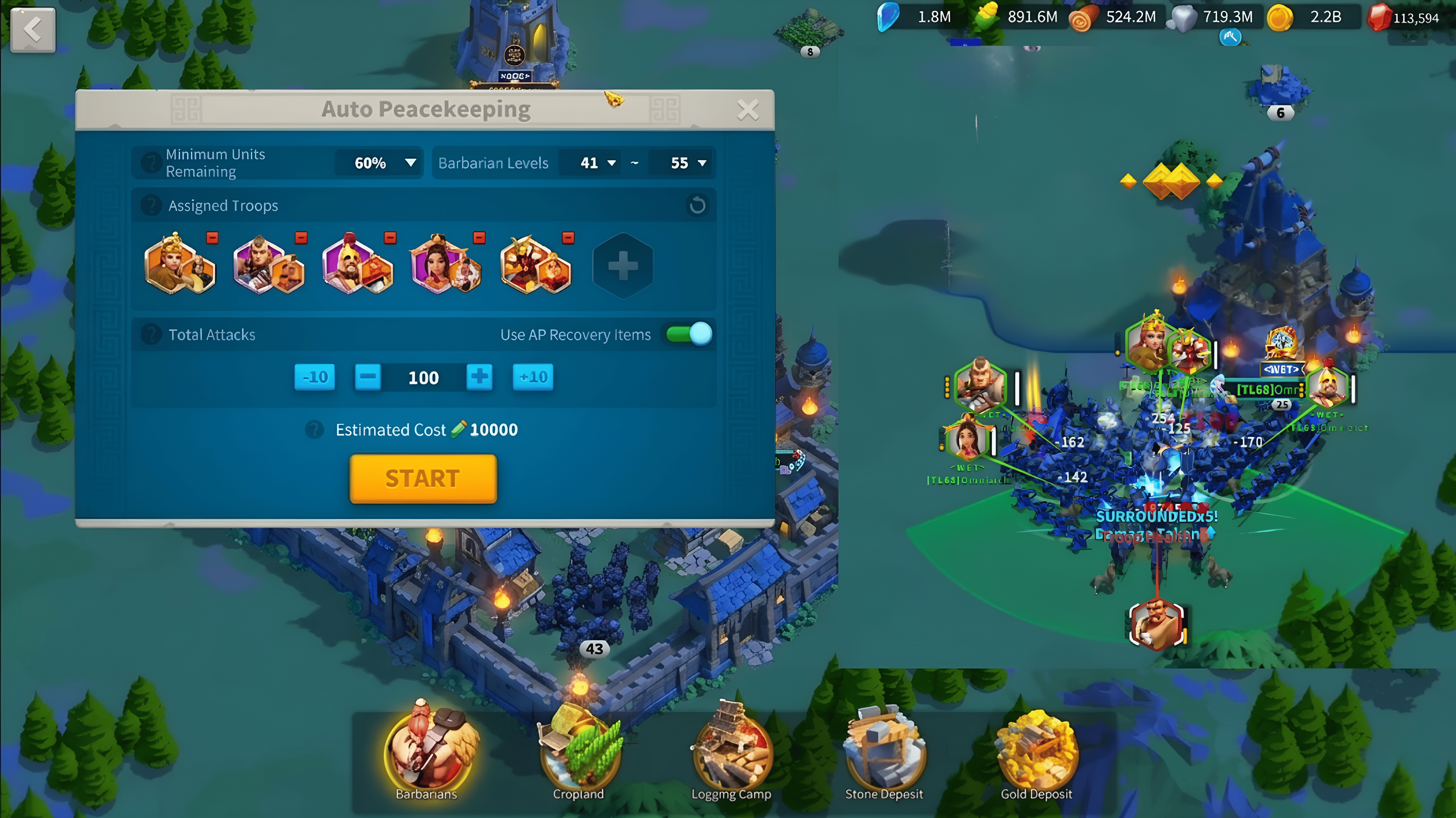 Auto Peacekeeping settings menu in Rise of Kingdoms showing Minimum Units Remaining, Barbarian Levels, Assigned Troops, and Total Attacks fields