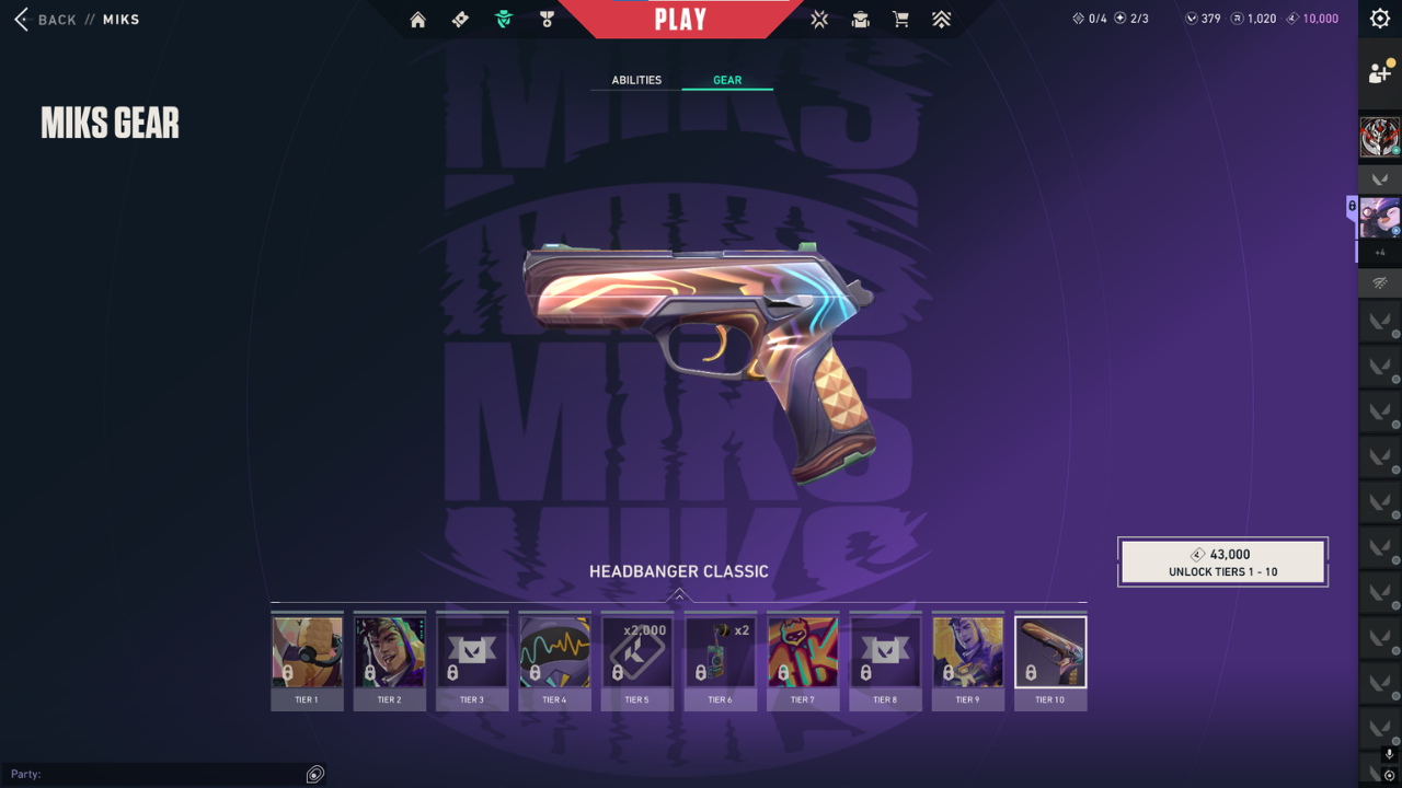 Agent Gear progression screen showing all 10 tiers and KC costs