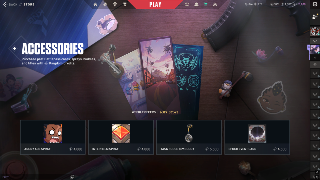 Accessories Shop weekly rotation showing 4 items with KC prices