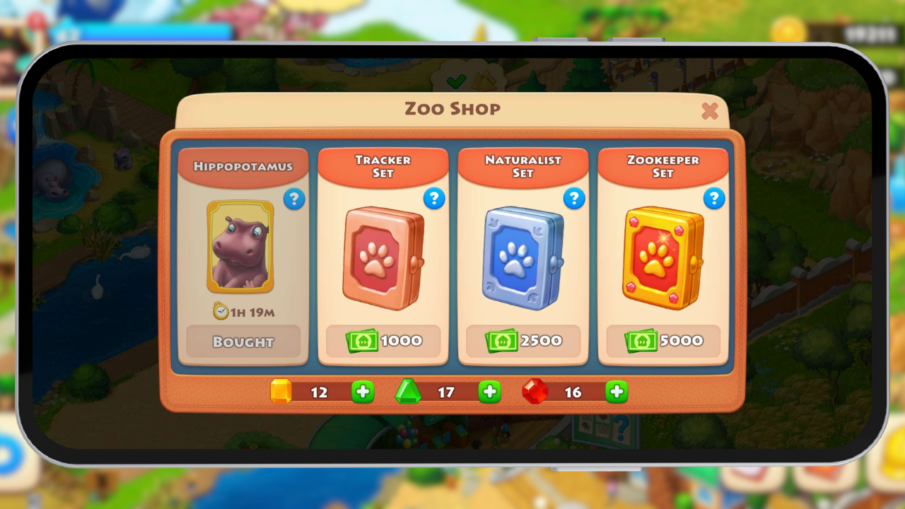 Zoo Shop purchase screen showing Zoo Sets with T-Cash prices