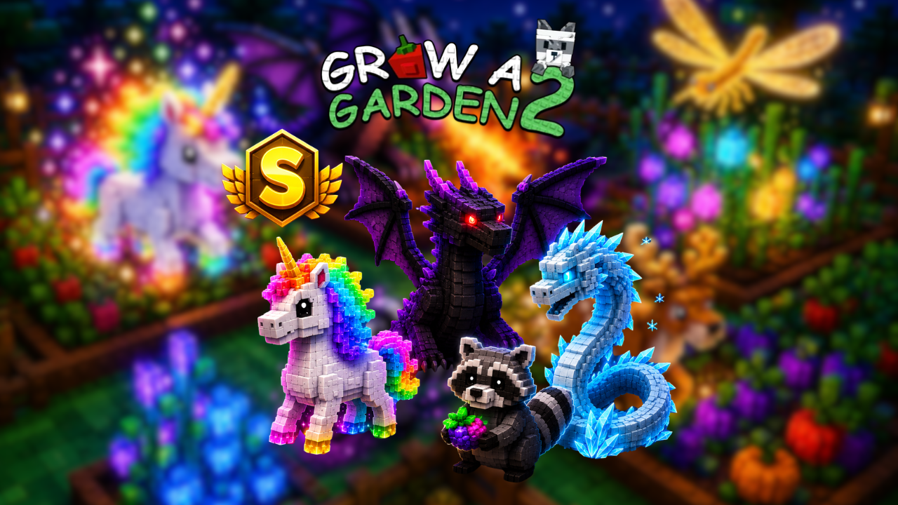 Grow a Garden 2 S-Tier pets showing Unicorn Black Dragon Ice Serpent and Raccoon